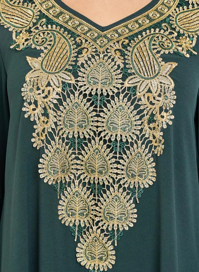 Amirah Women Emerald Green Jalabiya with Gold Embroidery